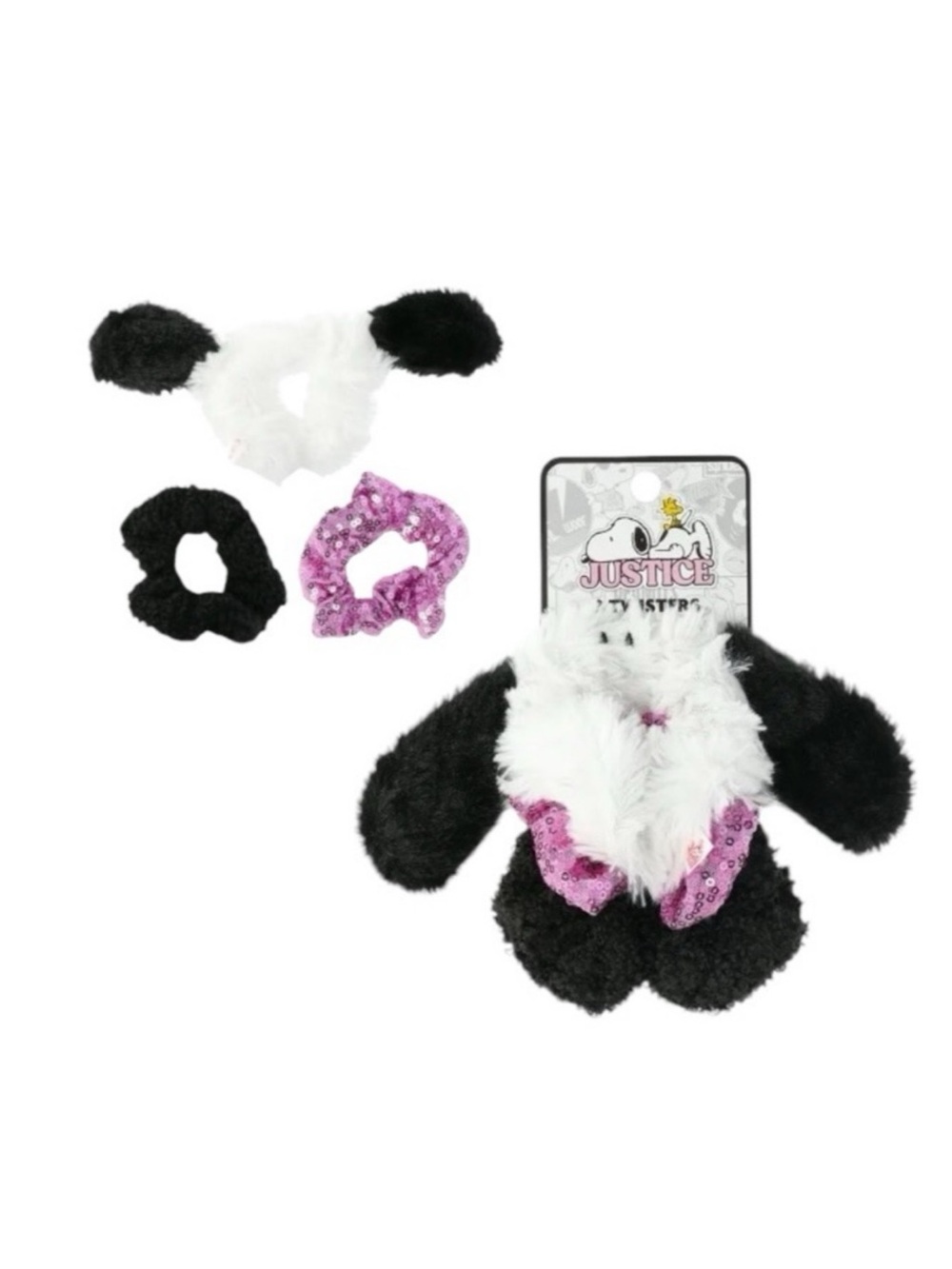 Justice Black White Pink Plush Dog Ear Headband with Sequin Scrunchies